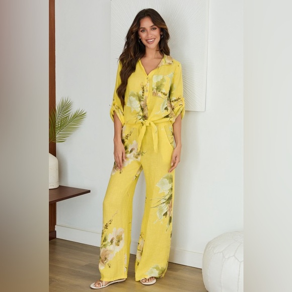 Venti6 Pants - (12-03-MAGNOLIA-YEL) MAGNOLIA FLOWERS PRINT LINEN WIDE LEG PANTS